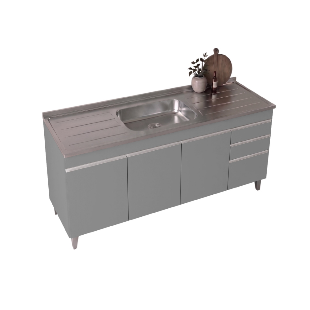 Balcão de Cozinha Com Pia Inox 180cm Dallas Cinza           - Lumil