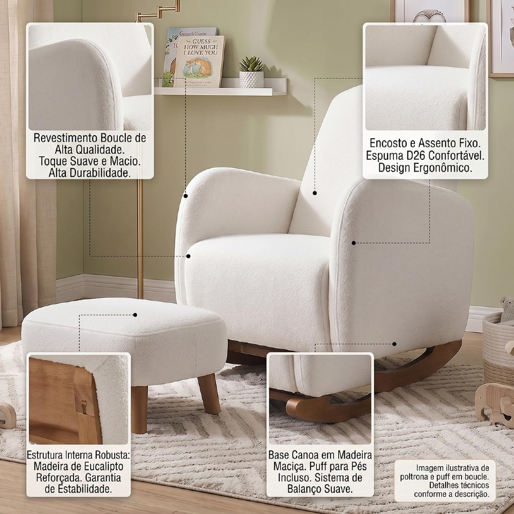 Poltrona Amamentação Balanço e Puff Serena Boucle Off White I01 - Mpozenato