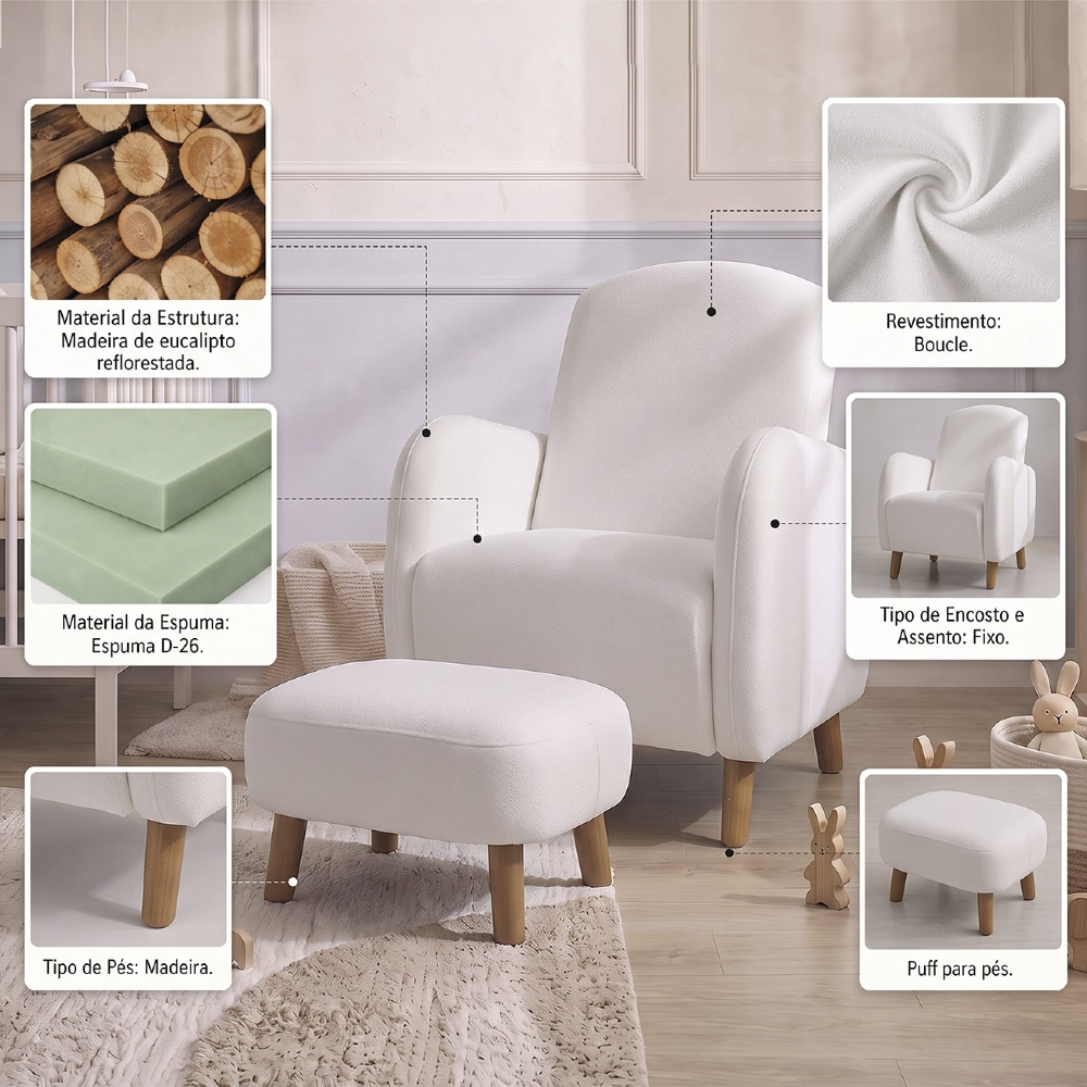 Poltrona de Amamentação e Puff Serena Boucle Off White I01 - Mpozenato