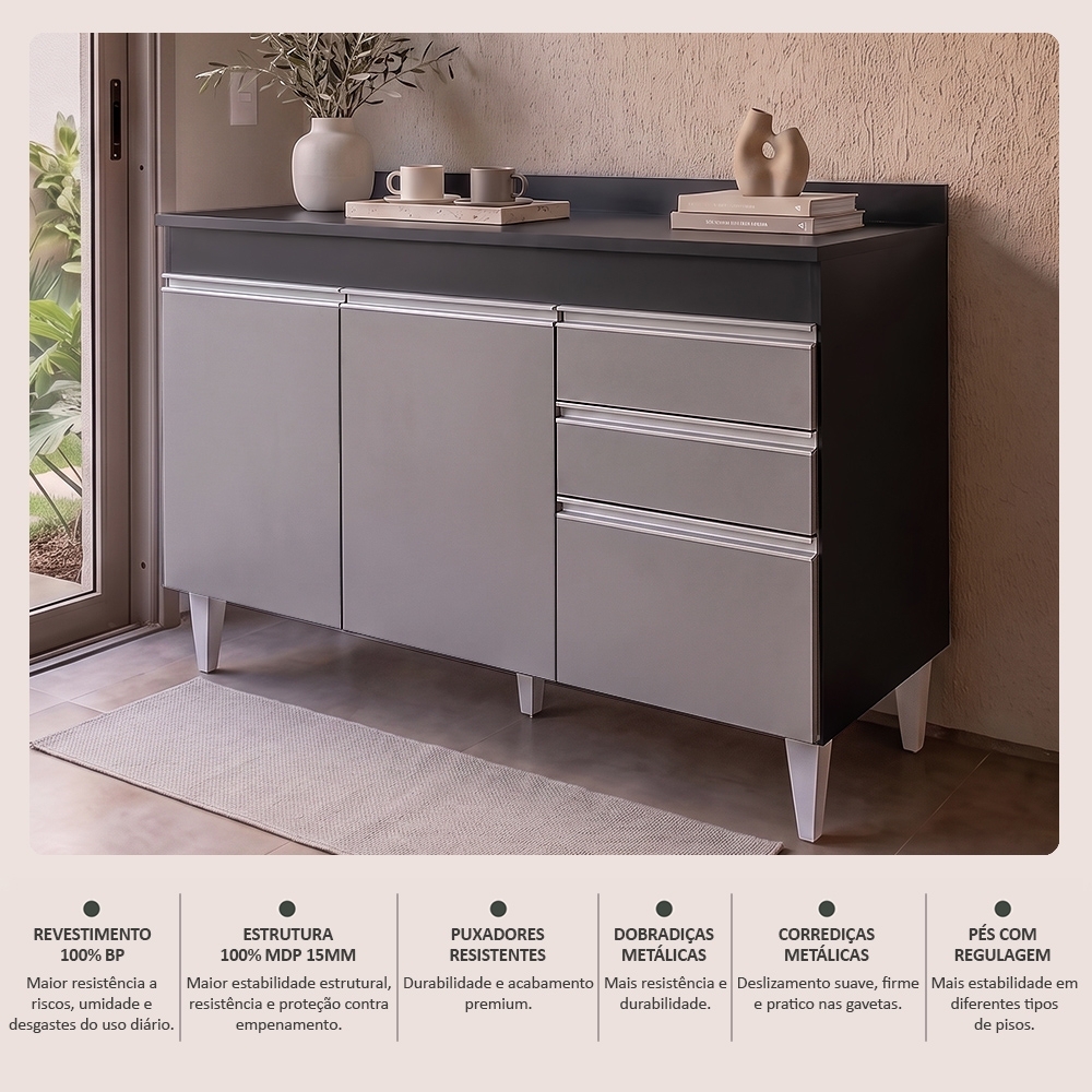 Balcão Gabinete para pia com Tampo 120cm Michigan Pto/Cinza - Lumil