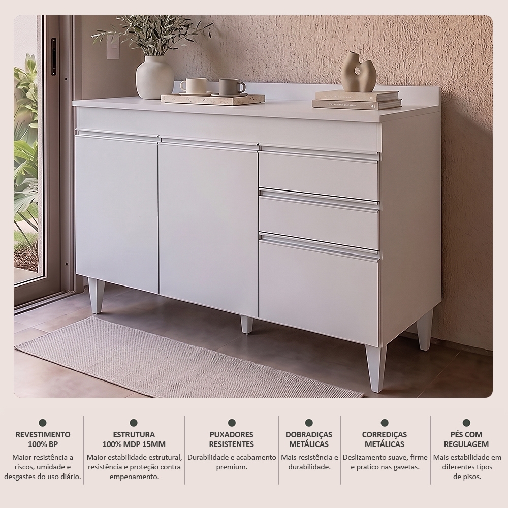 Balcão Gabinete para pia com Tampo 120cm Michigan Branco - Lumil