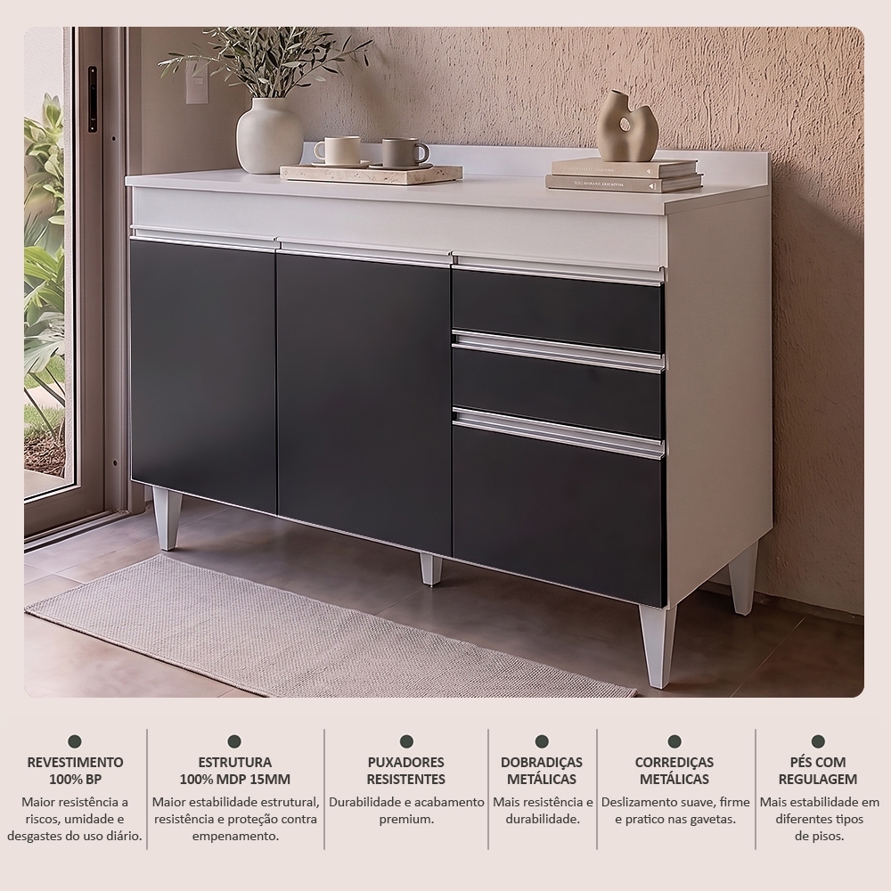 Balcão Gabinete para pia com Tampo 120cm Michigan Branco/Pto - Lumil