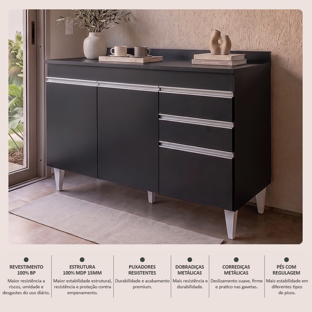 Balcão Gabinete para pia com Tampo 120cm Michigan Preto - Lumil