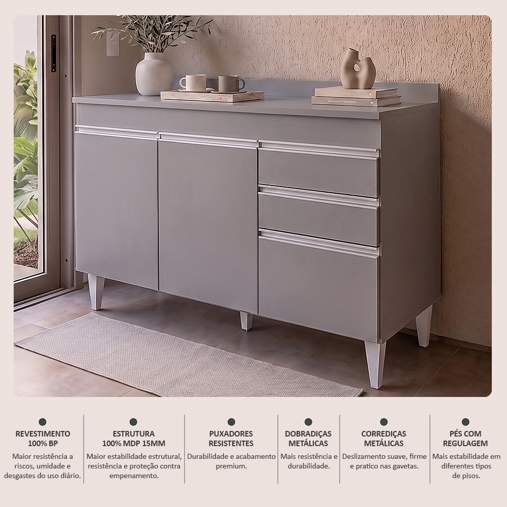 Balcão de Cozinha Para Pia Com Tampo 120cm Michigan Cinza   - Lumil