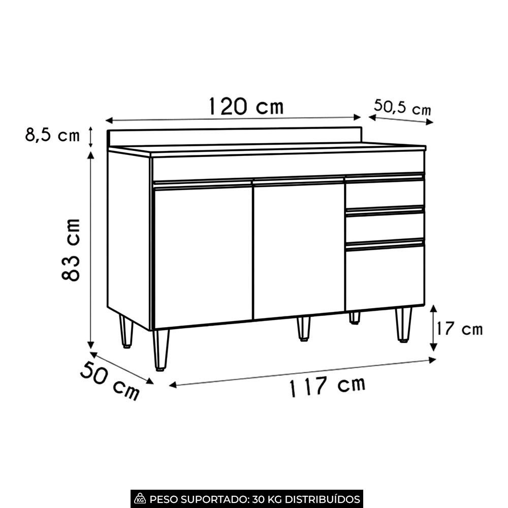 Balcão de Cozinha Para Pia Com Tampo 120cm Michigan Castanho - Lumil