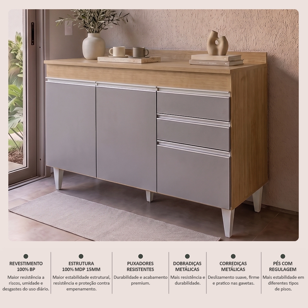 Balcão Gabinete para pia com Tampo 120cm Michigan Cast/Cinza - Lumil