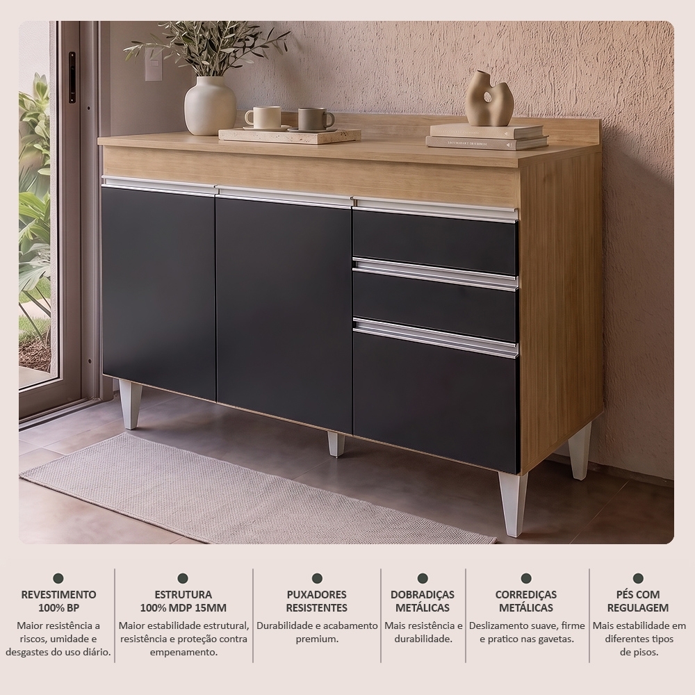 Balcão Gabinete para pia com Tampo 120cm Michigan Cast/Preto - Lumil