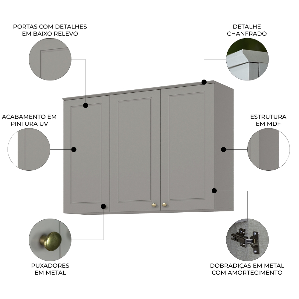 Armário de Cozinha Aéreo 120cm 3 Portas Americana Cinza - Henn