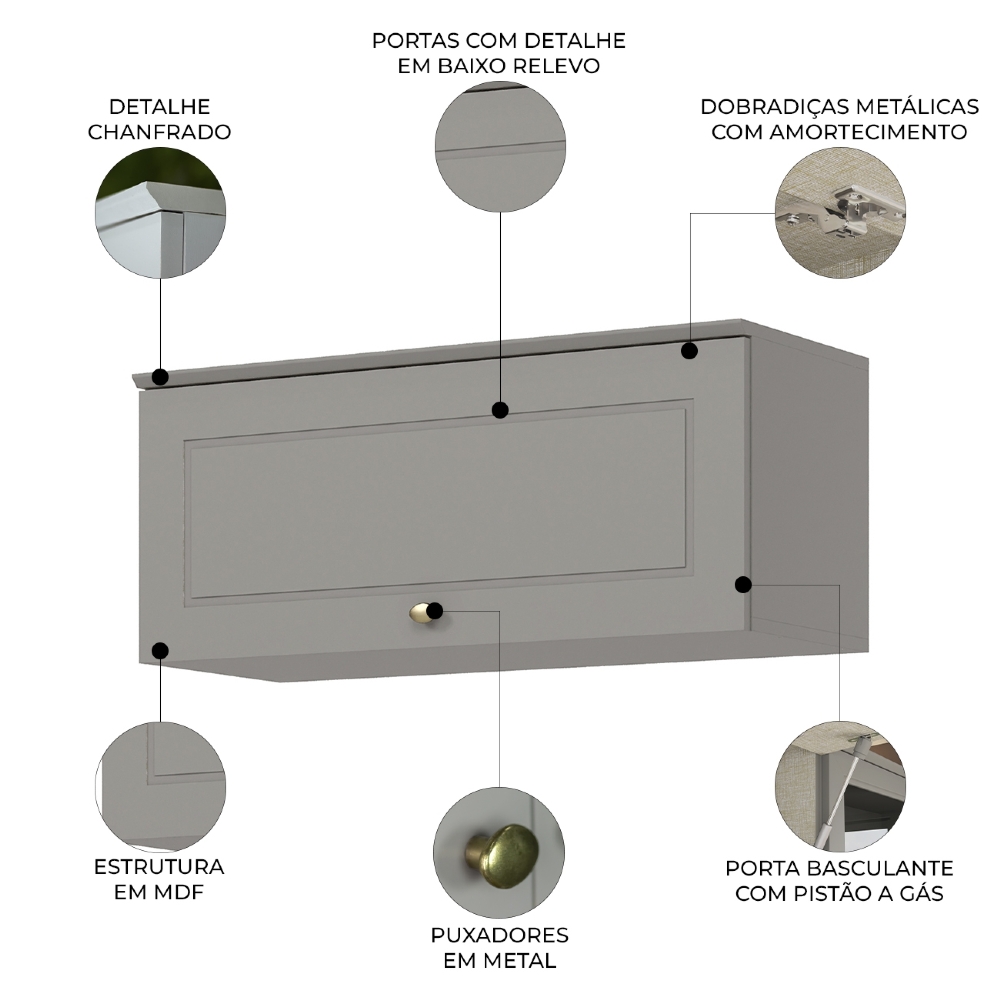Armário de Cozinha Aéreo 80cm 1 Porta Americana Cinza - Henn