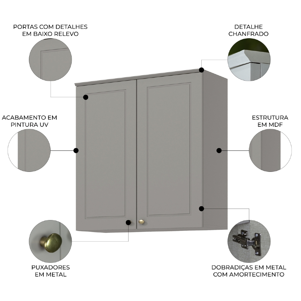 Armário de Cozinha Aéreo 80cm 2 Portas Americana Cinza - Henn