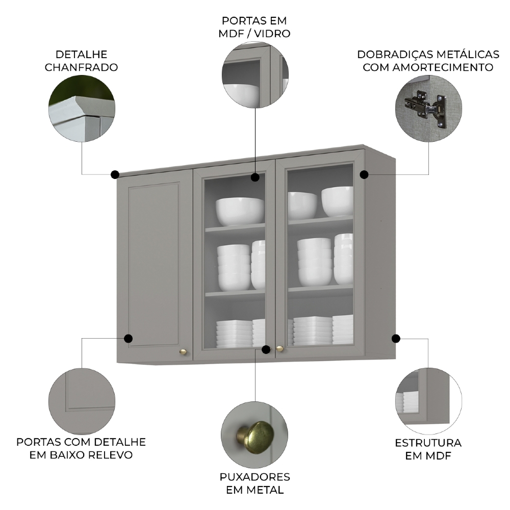 Armário de Cozinha Aéreo 120cm 3 Portas Vidro Americana Cinza - Henn