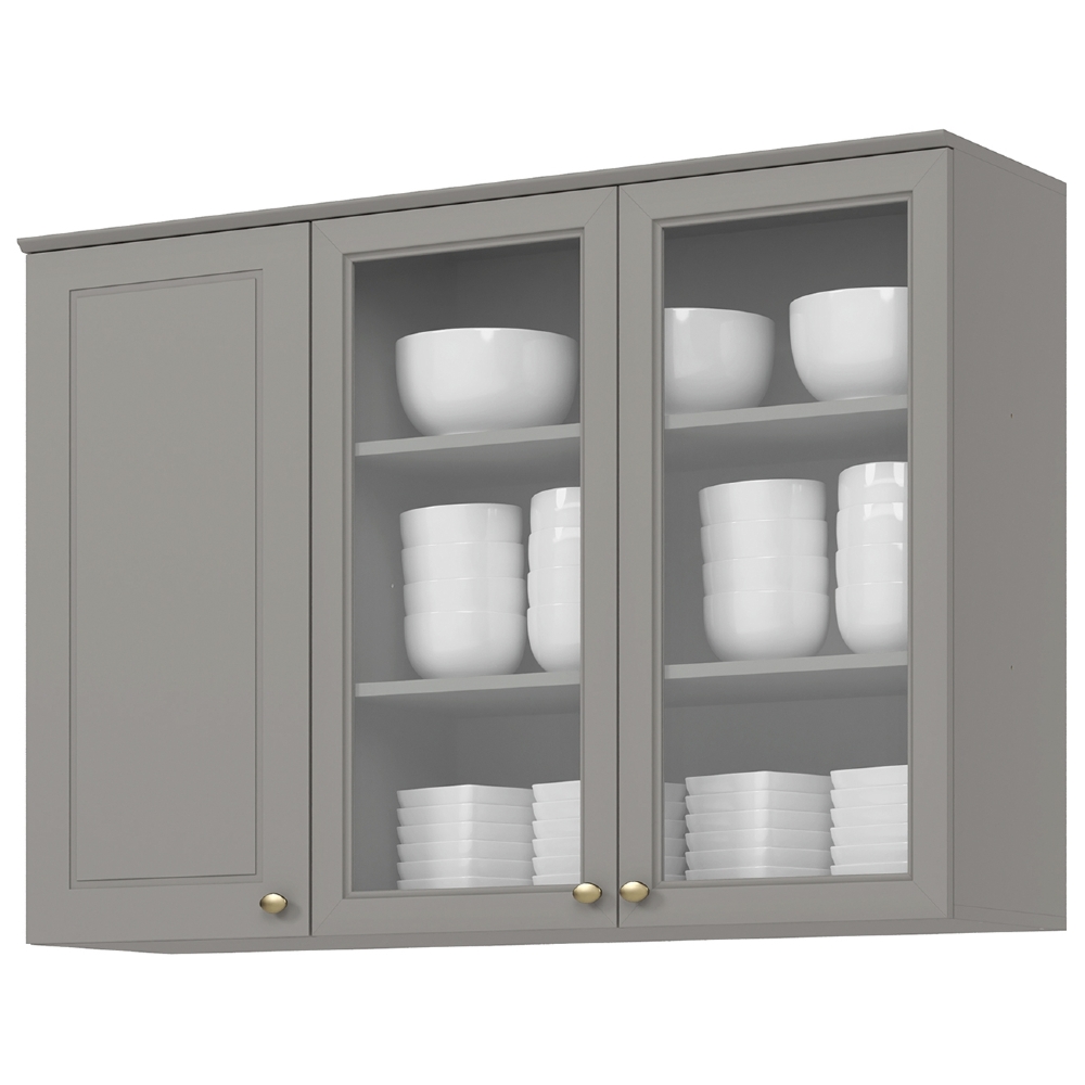 Armário de Cozinha Aéreo 120cm 3 Portas Vidro Americana Cinza - Henn