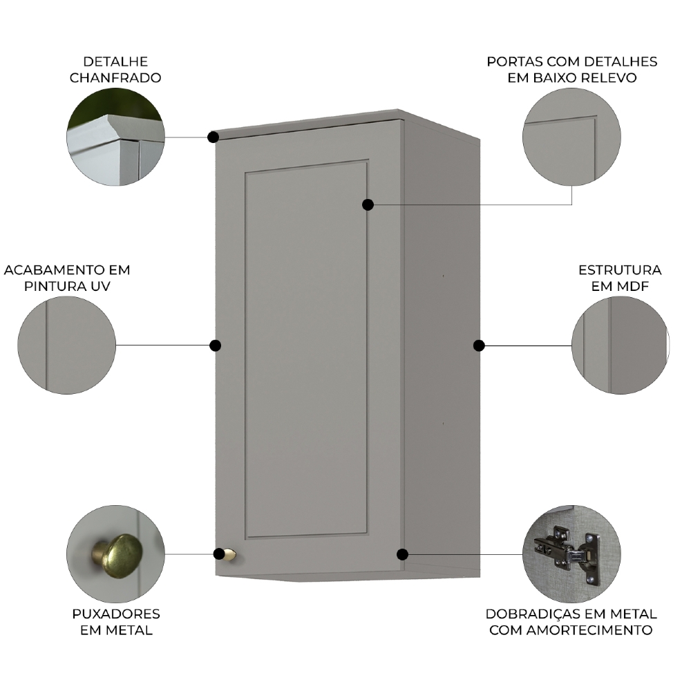 Armário de Cozinha Aéreo 40cm 1 Porta Americana Cinza - Henn
