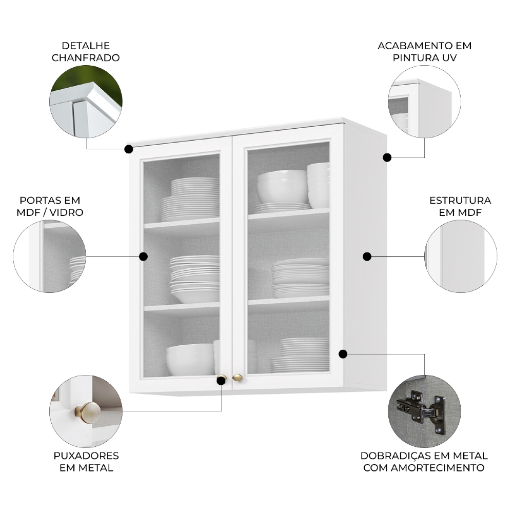 Armário de Cozinha Aéreo 80cm 2 Portas Vidro Americana Branco - Henn