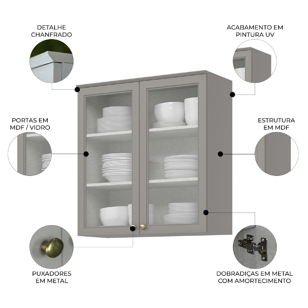 Armário de Cozinha Aéreo 80cm 2 Portas Vidro Americana Cinza - Henn