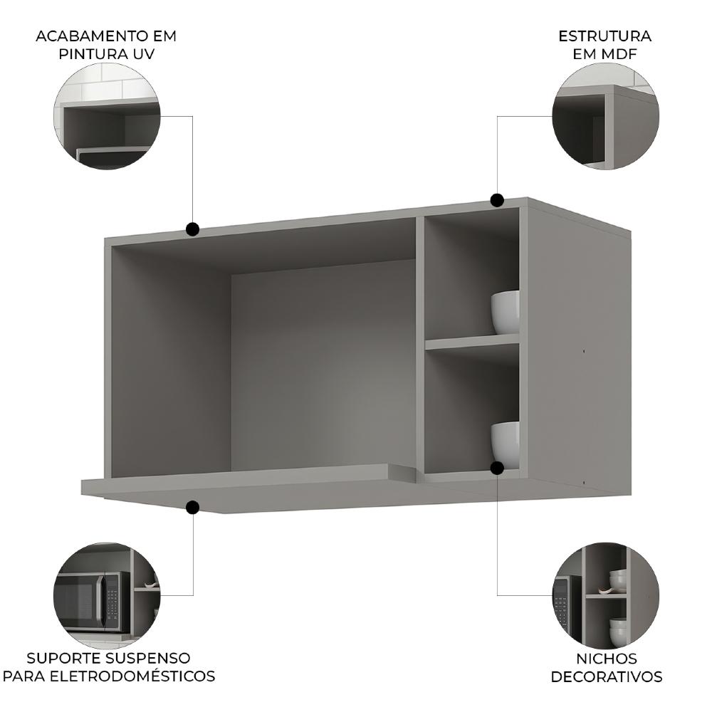 Suporte Microondas e Forno Elétrico Aéreo 80cm Americana Cinza - Henn