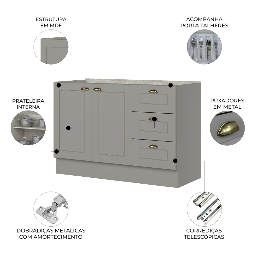 Balcão de Cozinha Para Pia 120cm Sem Tampo Americana Cinza - Henn