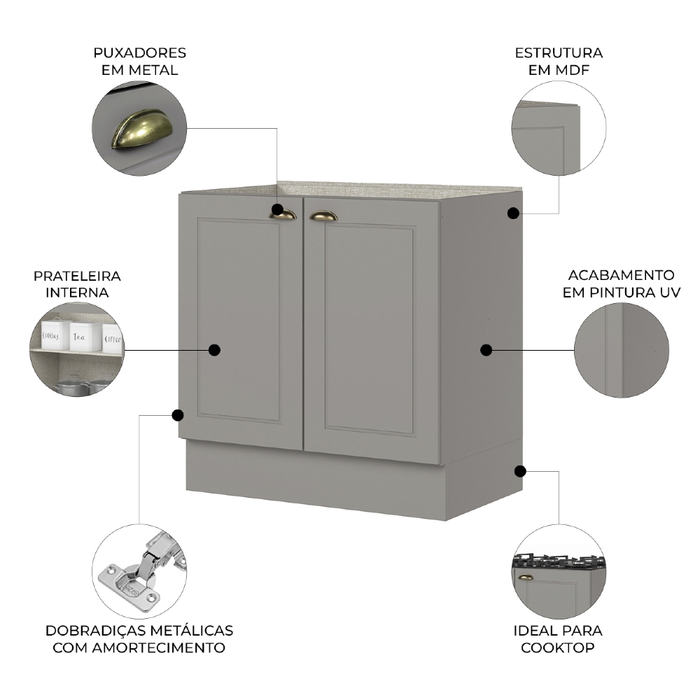 Balcão de Cozinha 80cm 2 Portas Sem Tampo Americana Cinza - Henn