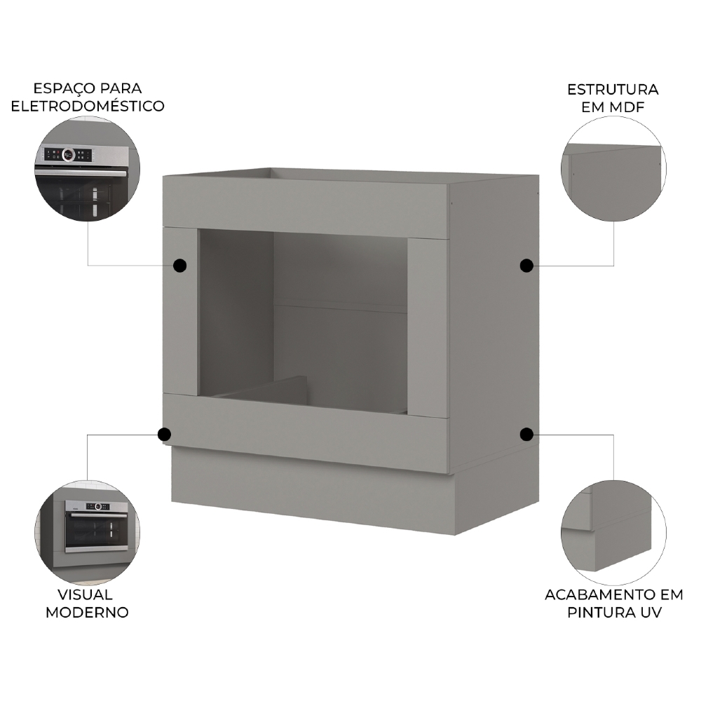 Balcão Cozinha 80cm Para Forno Elétrico Sem Tampo Americana Cinza - Henn