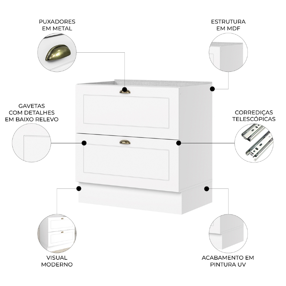 Balcão de Cozinha 80cm 2 Gavetas Sem Tampo Americana Branco - Henn