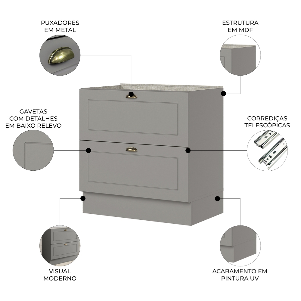 Balcão de Cozinha 80cm 2 Gavetas Sem Tampo Americana Cinza - Henn