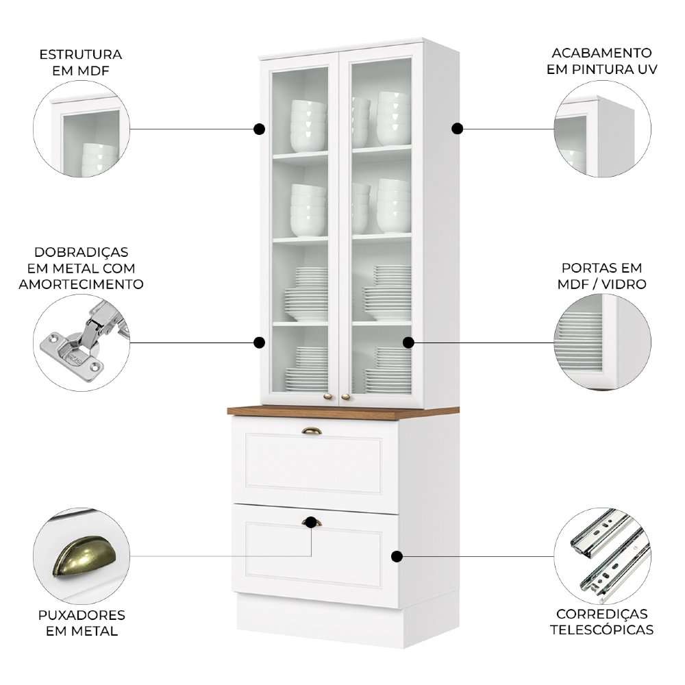Cristaleira 72cm 2 Portas Vidro Americana Branco/Nature - Henn