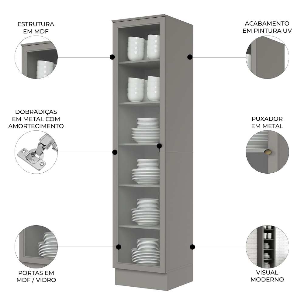 Cristaleira 1 Porta Vidro 50cm 100% MDF Americana Cinza - Henn