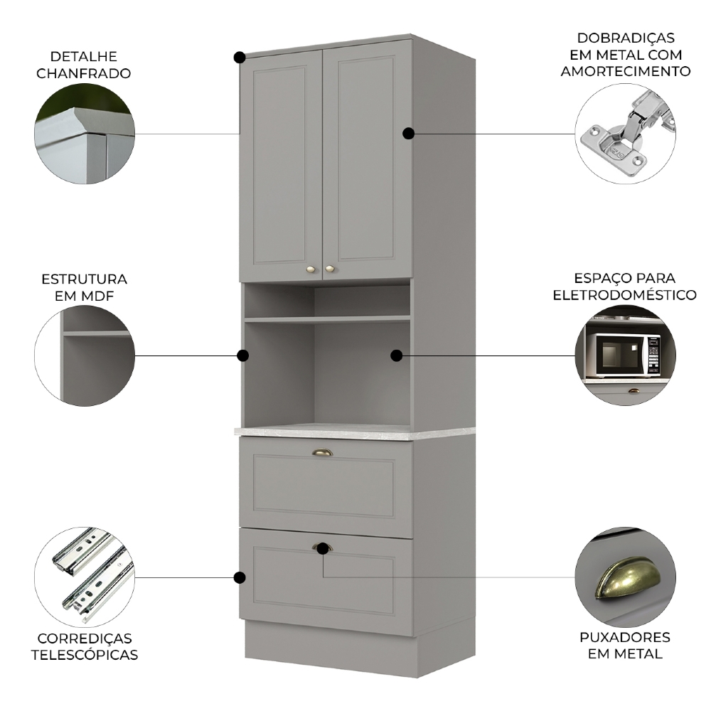 Paneleiro Torre Quente 69cm 2 Portas 100% MDF Americana Cinza/Calcare - Henn
