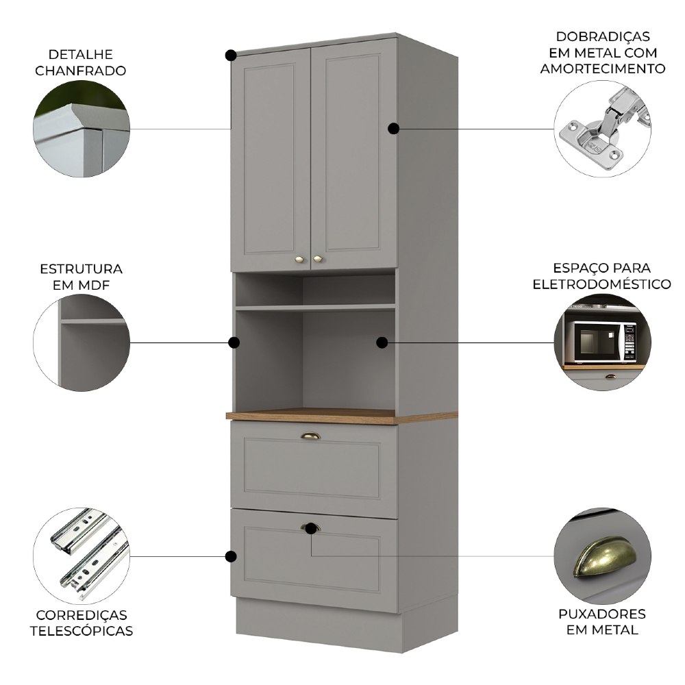 Paneleiro Torre Quente 69cm 2 Portas 100% MDF Americana Cinza/Nature - Henn
