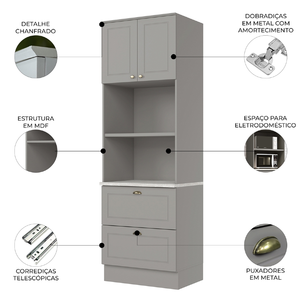 Paneleiro Torre Quente 69cm 2 Nichos 100% MDF Americana Cinza/Calcare - Henn