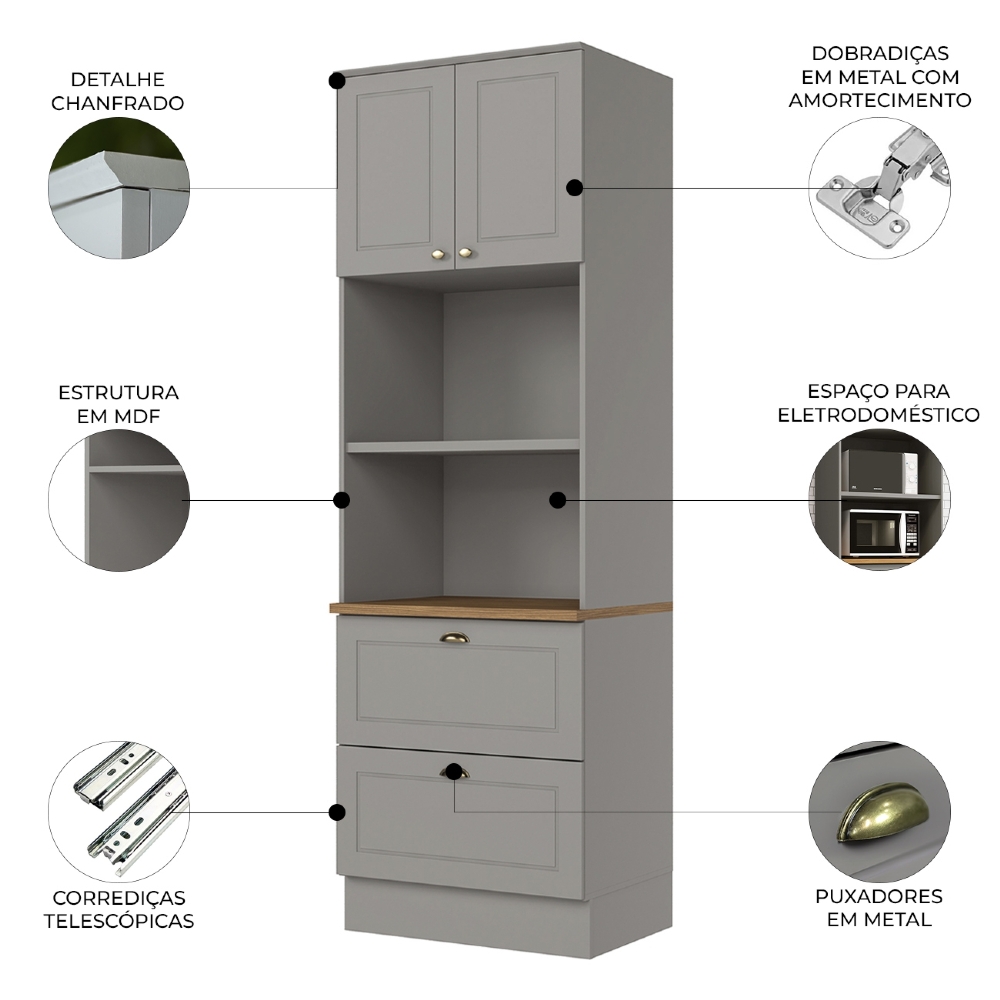 Paneleiro Torre Quente 69cm 2 Nichos 100% MDF Americana Cinza/Nature - Henn