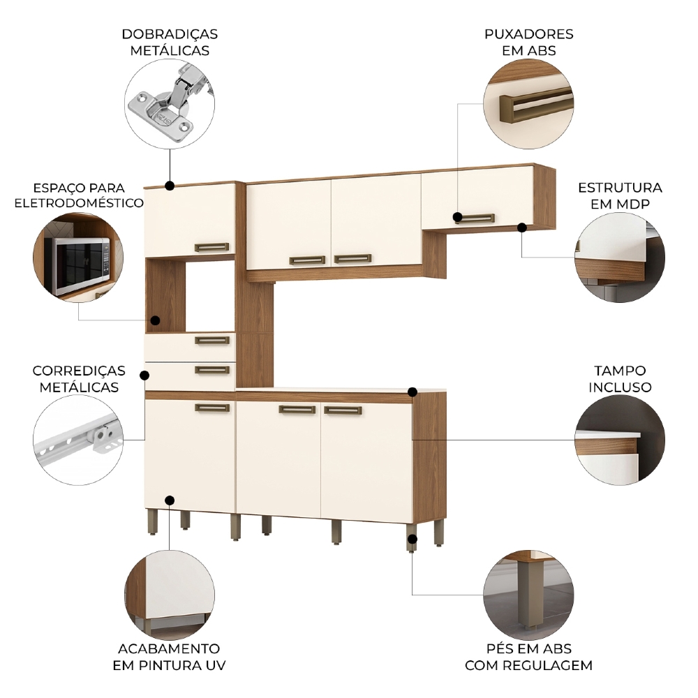 Armário Cozinha Compacta 225cm 7 Portas Elos Nature/Off B07 - Mpozenato