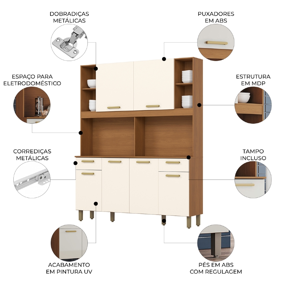 Armário Cozinha Compacta 161cm 6 Portas Átria Nature/Off B07 - Mpozenato