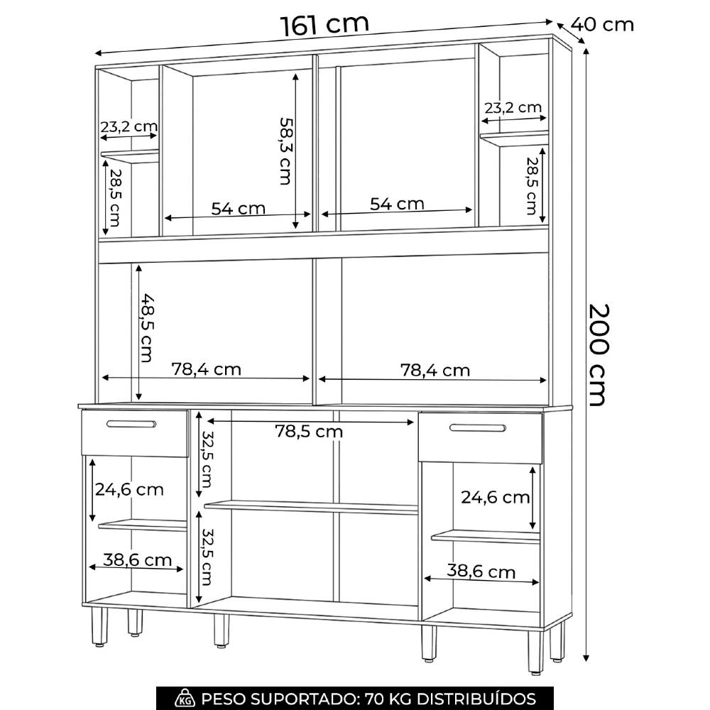 Armário Cozinha Compacta 161cm 6 Portas Átria Nature/Off B07 - Mpozenato