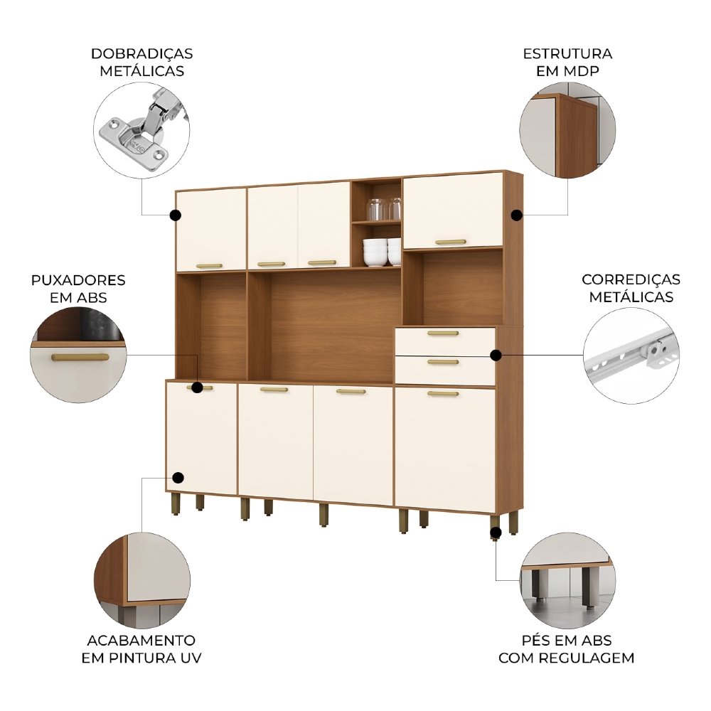 Armário Cozinha Compacta 220cm 8 Portas Íris Nature/Off B07 - Mpozenato