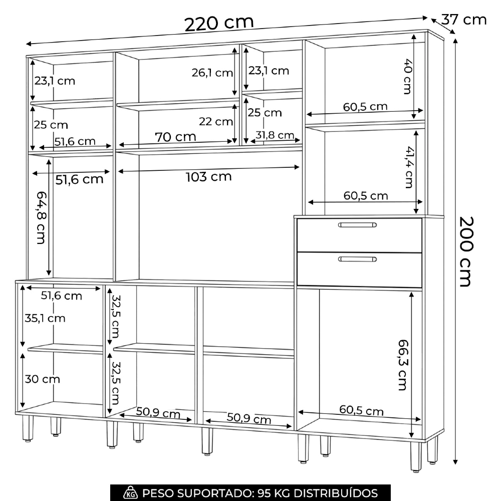 Armário Cozinha Compacta 220cm 8 Portas Íris Nature/Off B07 - Mpozenato