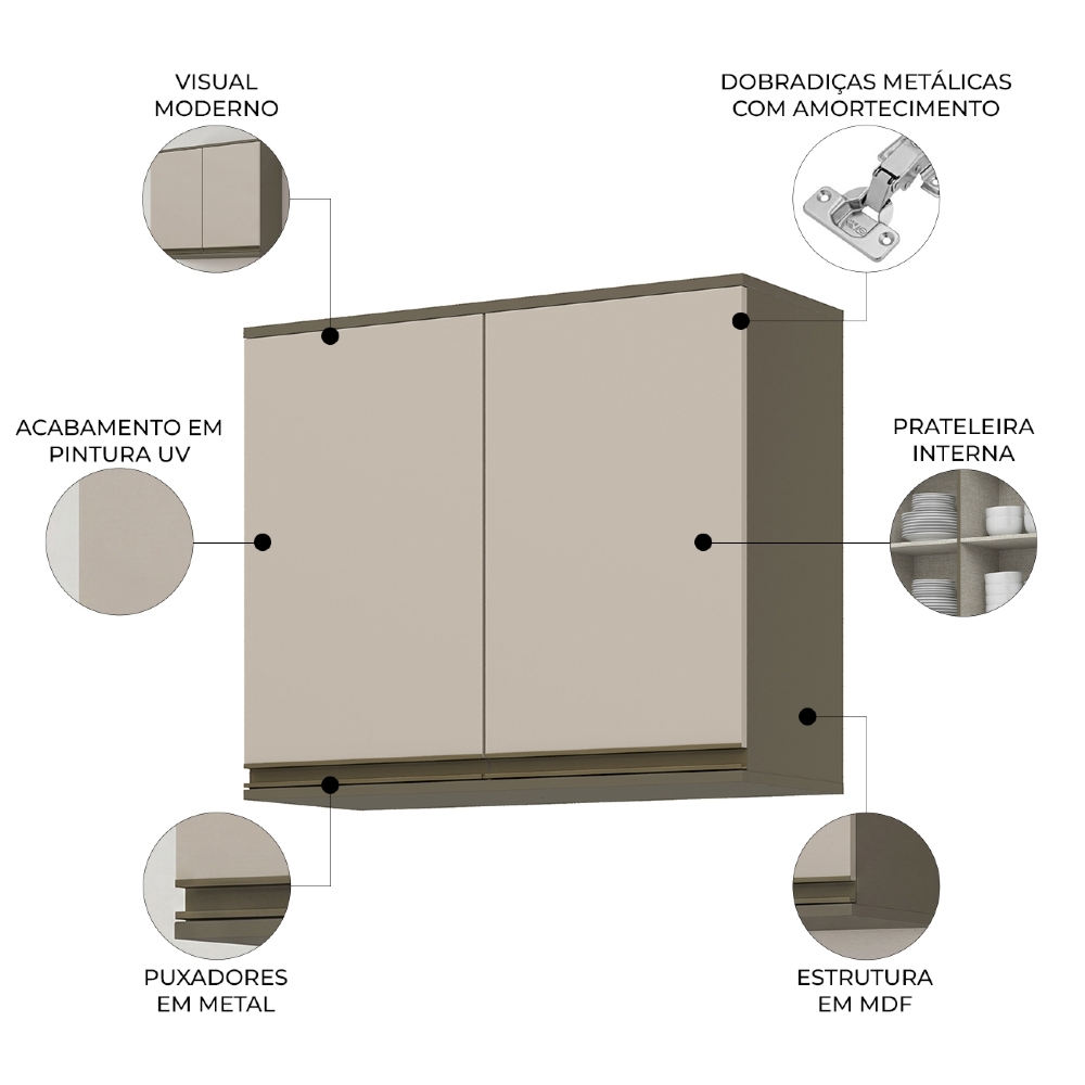 Armário de Cozinha Aéreo 80cm 2 Portas Connect Duna/Cristal - Henn