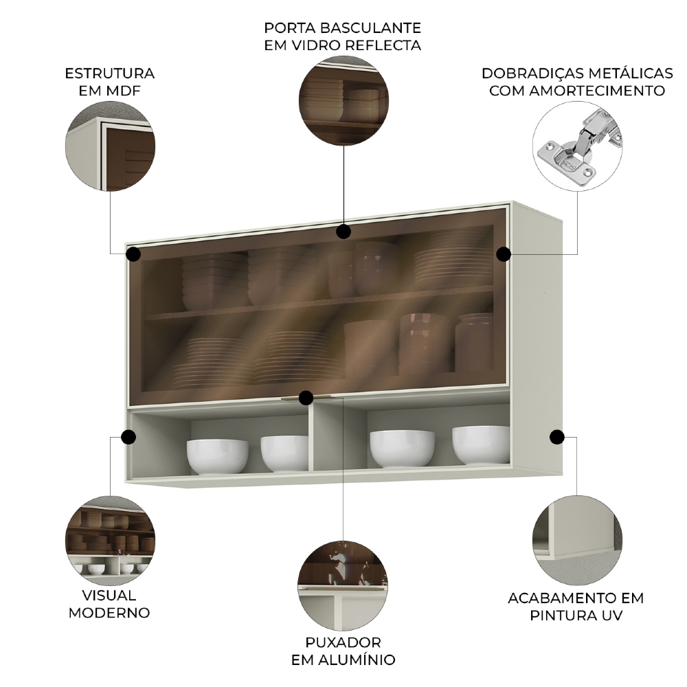 Armário de Cozinha Aéreo 120cm 1 Porta Vidro Amalfi Areia H02 - Mpozenato