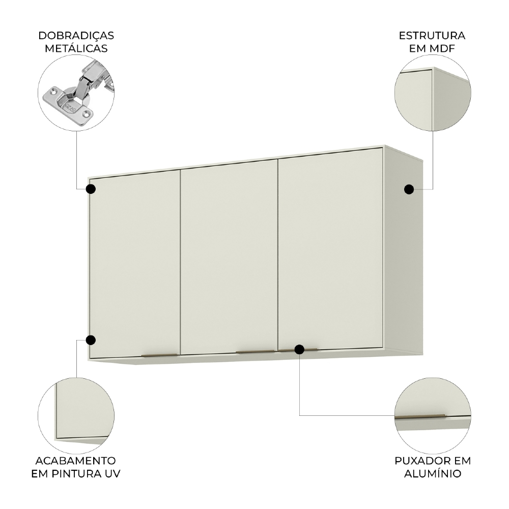 Armário de Cozinha Aéreo 120cm 3 Portas Amalfi Areia H02 - Mpozenato