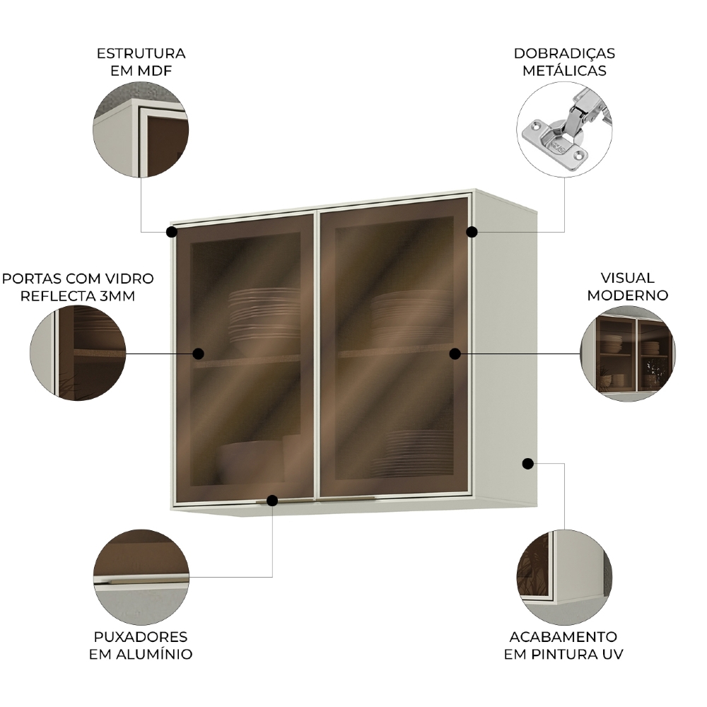 Armário de Cozinha Aéreo 80cm 2 Portas Vidro Amalfi Areia H02 - Mpozenato