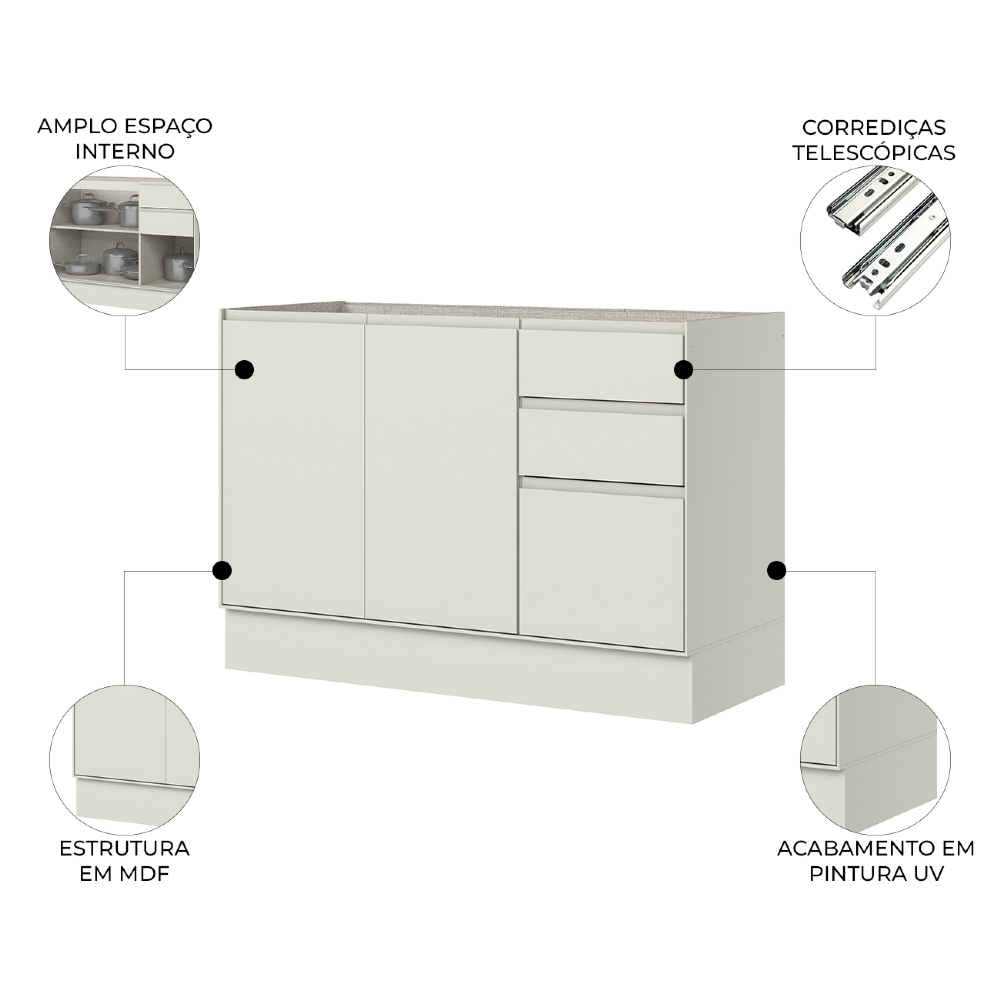 Balcão de Cozinha P/ Pia 120cm 3 Portas Sem Tampo Amalfi Areia H02 - Mpozenato
