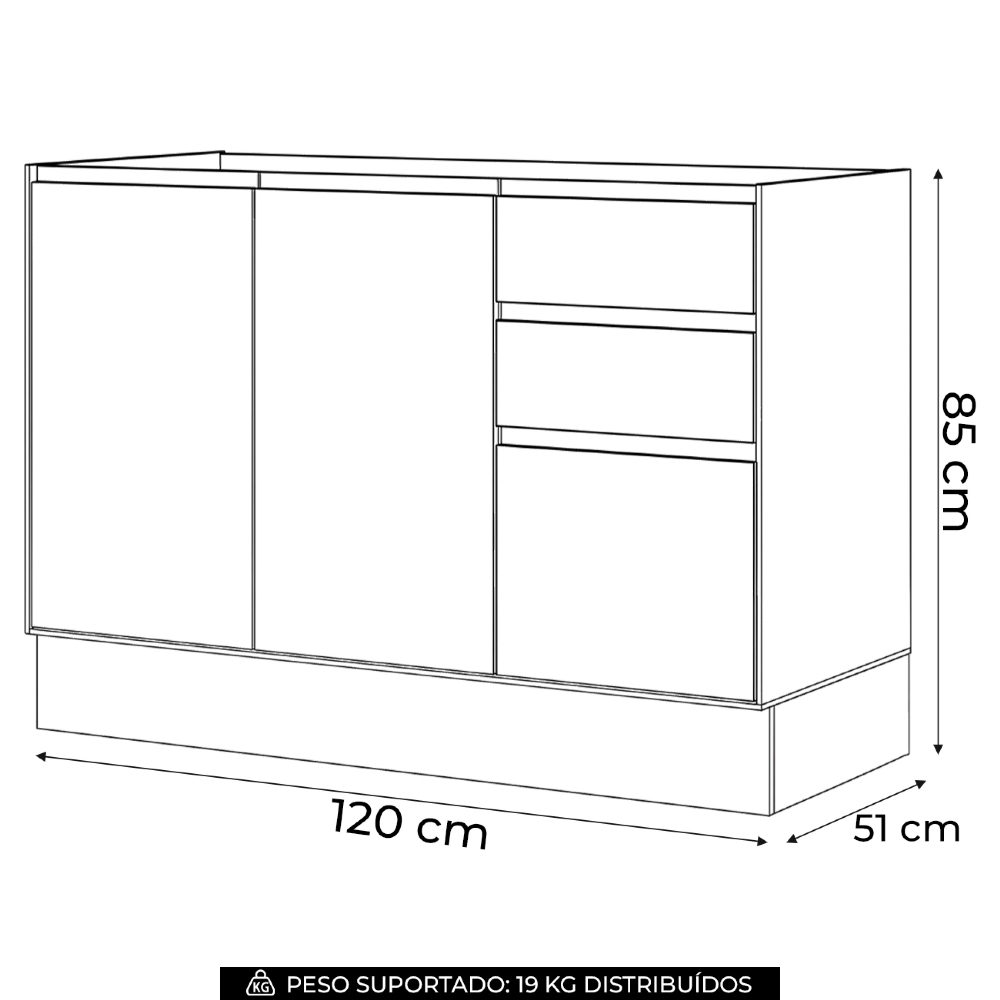 Balcão de Cozinha P/ Pia 120cm 3 Portas Sem Tampo Amalfi Areia H02 - Mpozenato