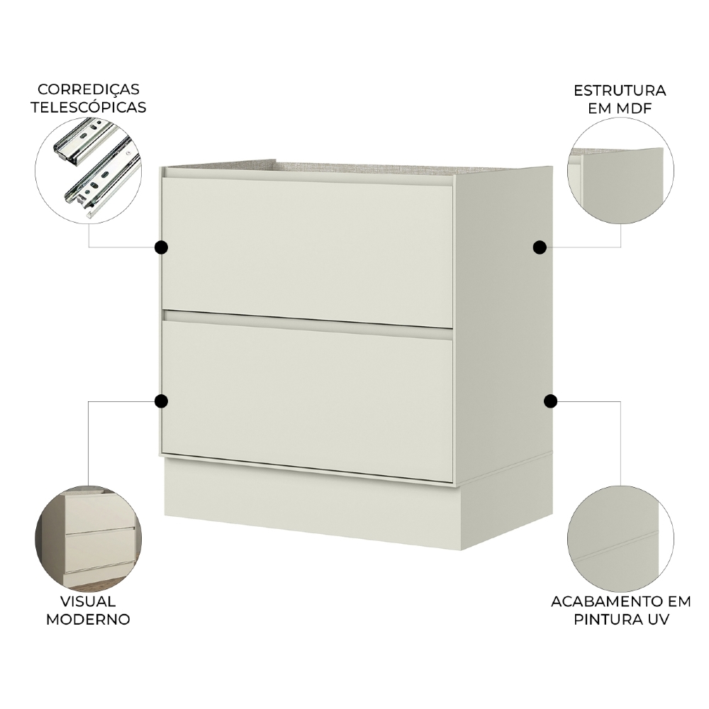 Balcão de Cozinha 80cm 2 Gavetas Sem Tampo Amalfi Areia H02 - Mpozenato
