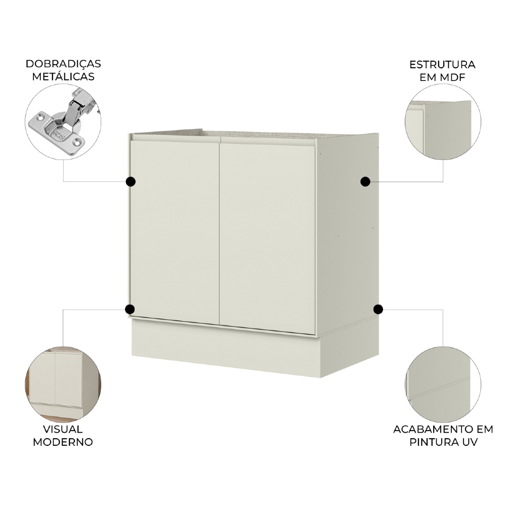 Balcão de Cozinha 80cm 2 Portas Sem Tampo Amalfi Areia H02 - Mpozenato