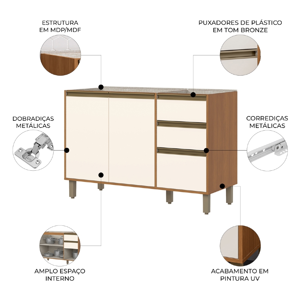 Balcão de Cozinha Para Pia 120cm Sem Tampo Versato Cinamomo/Off H02 - Mpozenato