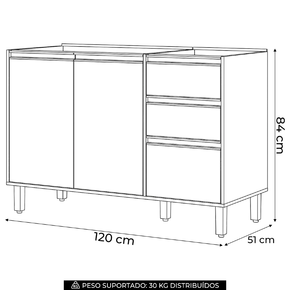 Balcão de Cozinha Para Pia 120cm Sem Tampo Versato Cinamomo/Off H02 - Mpozenato