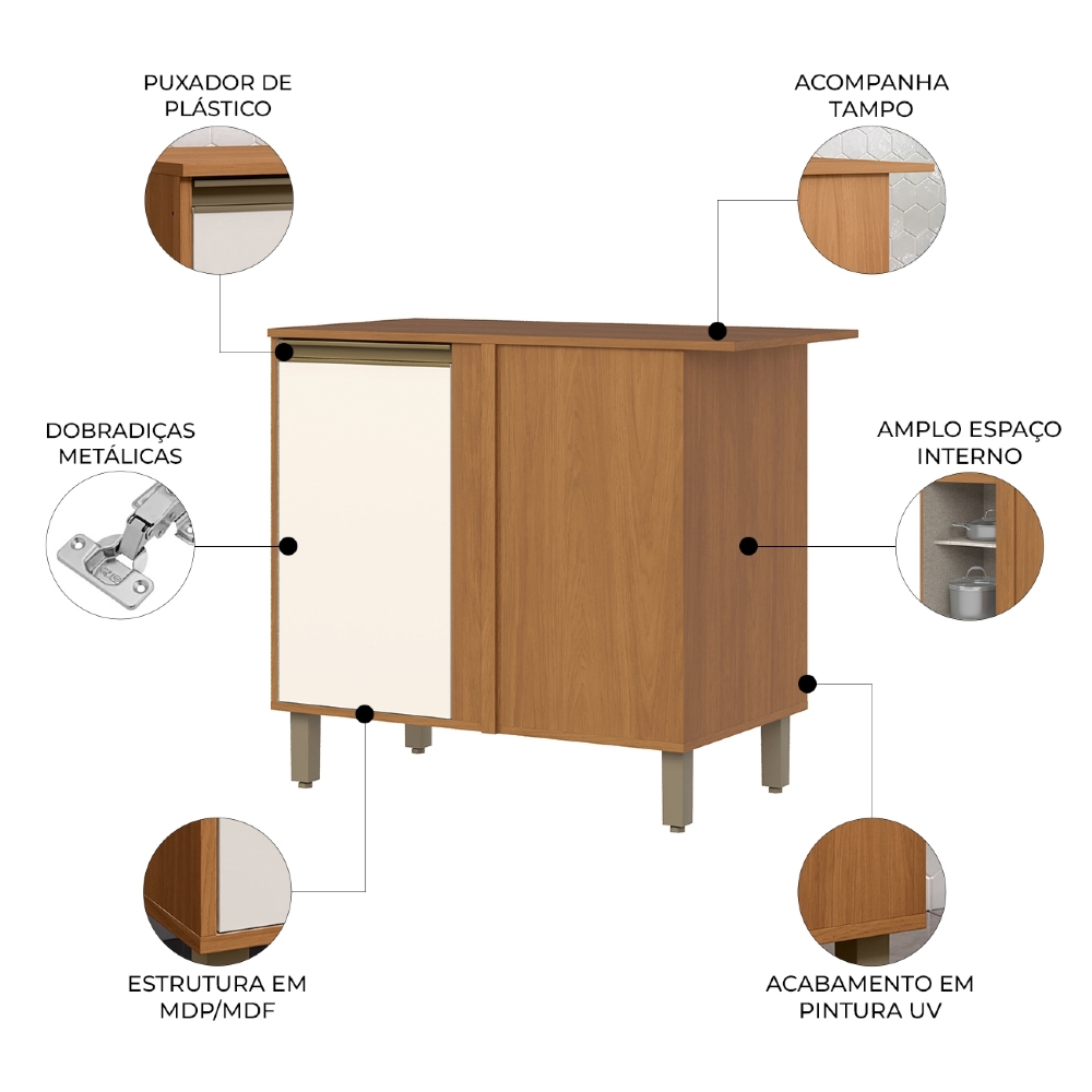 Balcão de Cozinha Canto Reto 94cm Versato Cinamomo/Off H02 - Mpozenato