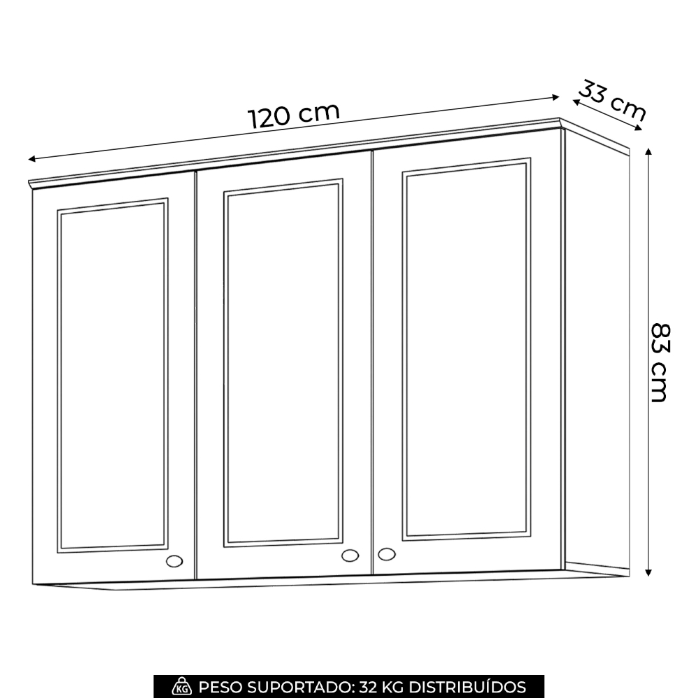 Armário de Cozinha Aéreo 120cm 3 Portas Americana Cinza - Henn