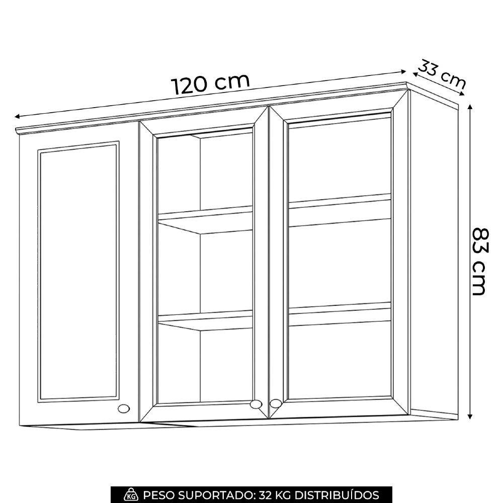 Armário de Cozinha Aéreo 120cm 3 Portas Vidro Americana Cinza - Henn