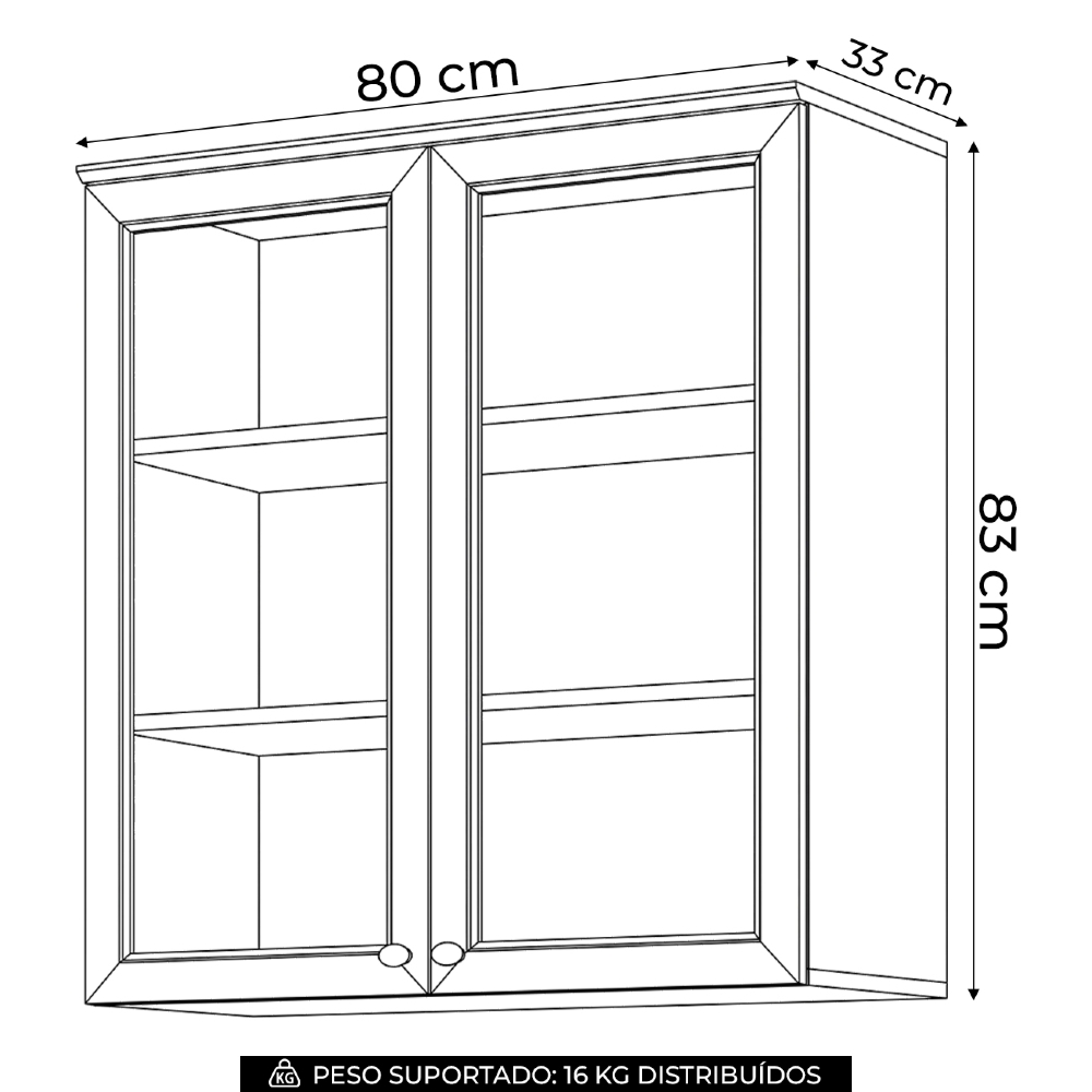 Armário de Cozinha Aéreo 80cm 2 Portas Vidro Americana Cinza - Henn